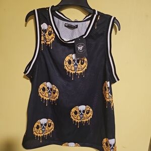 NWT RF Brand Men's Size Medium Black  Skull Melting Smiley Face Mesh Tank Top